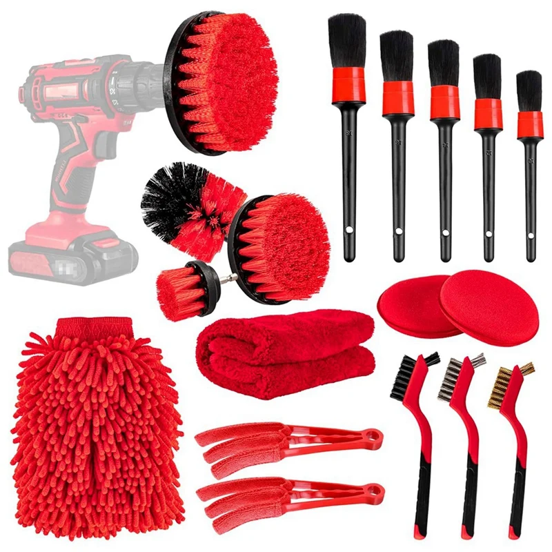 

18 PCS Car Cleaning Tools Kit, Car Detailing Brush Set With Drill Attachment Set, Car Wash Kit (Red) Easy To Use