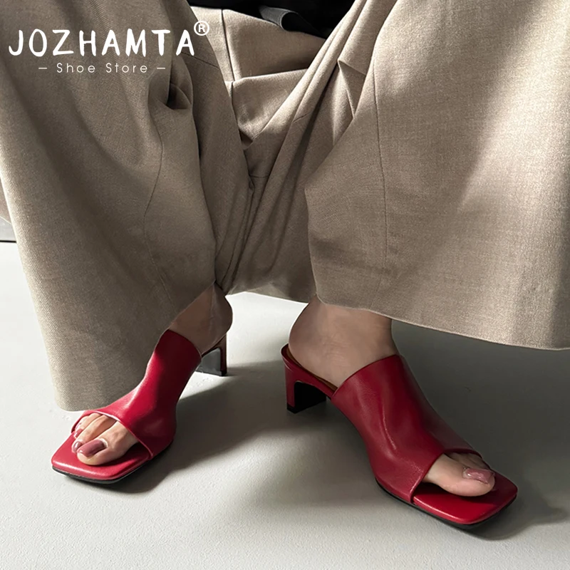 JOZHAMTA Size 34-40 Mules Sandals For Women Summer 2025 Real Leather Peep Toe High Heels Slides Shoes Casual Soft Daily Slippers