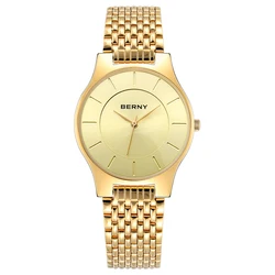 BERNY Quartz Men Watch Gold Fashion Wristwatch Waterproof Stainless Steel Ultra Thin Top Brand Luxury Watch for Men Golden