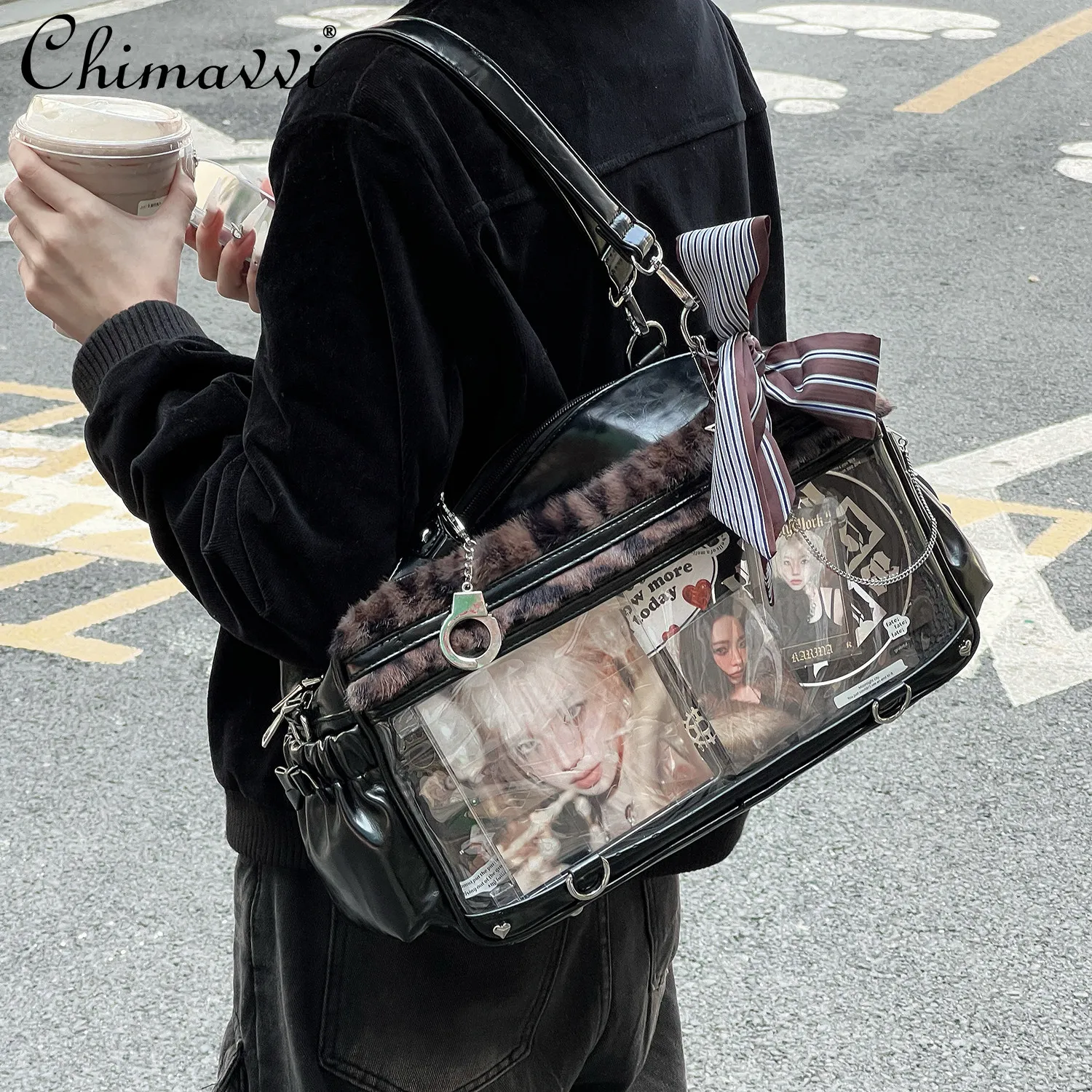 Original Leopard Print Patchwork Sweet Cool Pain Bag Japanese New Anime Exhibition Versatile Sweet Cool Girl Kawaii Shoulder Bag