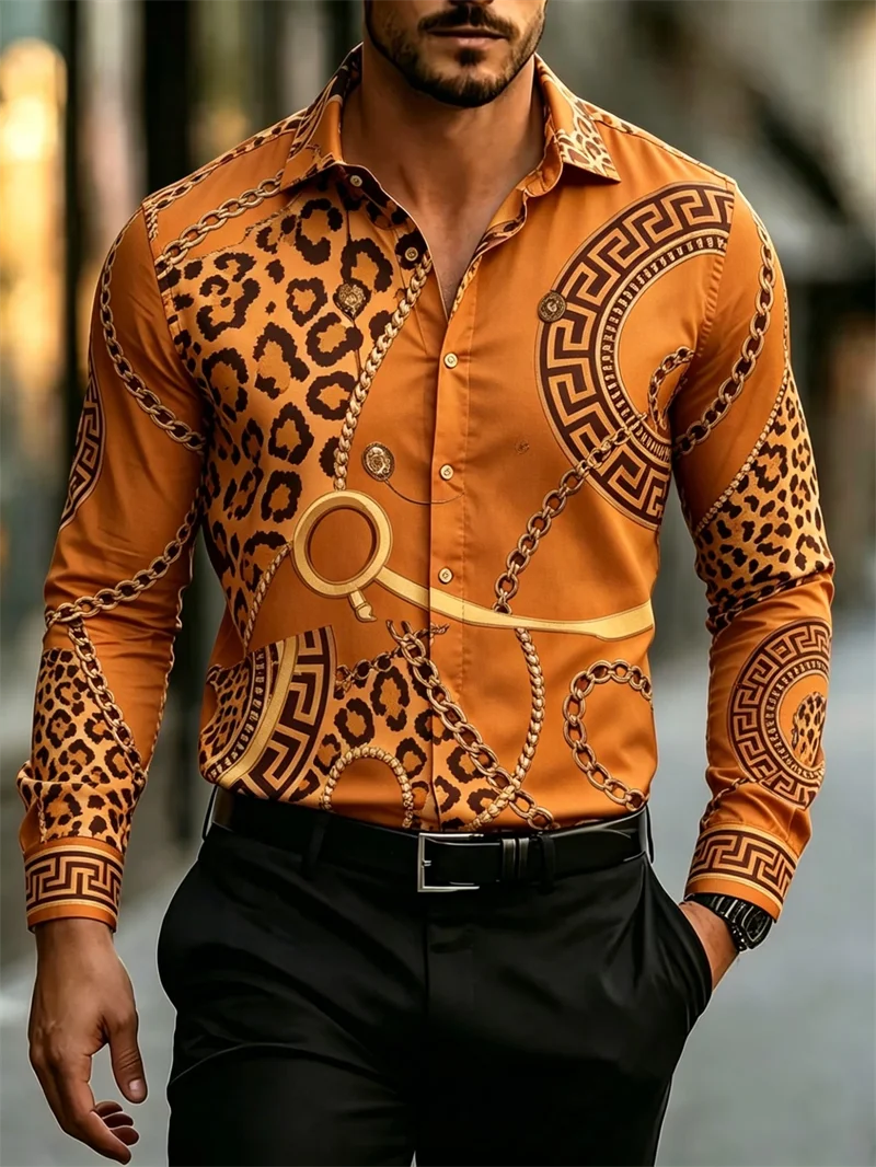 New purple satin European castle rose print men's long sleeved shirt light luxury retro slim casual shirt