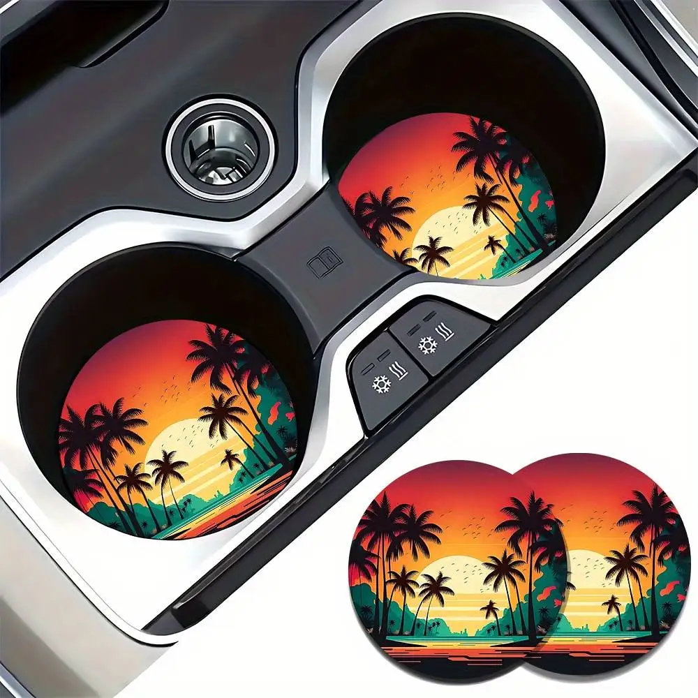 Sunset Palm Tree Ocean View Car Cup Holder Coasters Vibrant Tropical Design For Vehicle Interior Decor
