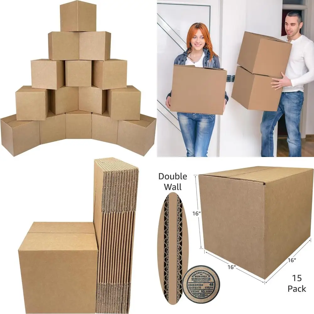 

Heavy-Duty 275lb Corrugated Moving and Shipping Boxes - 15 Pack (16x16x16 Inches)