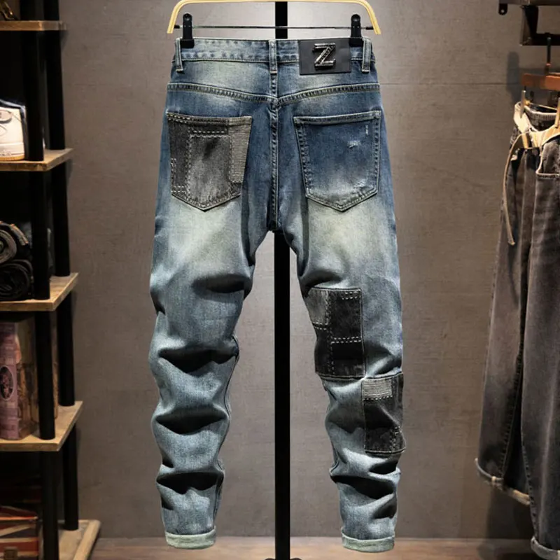 Y2k designer fashion new high-quality men's jeans, scratch washed, nostalgic stretch, slim fit, retro blue jeans, high street hi