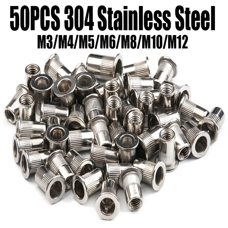 

50PCS Stainless Steel Rivets Nuts Insert Flat Head Threaded Nut Riveter Riveting Nut Gun Tools Rustproof M3/M4/M5/M6/M8/M10/M12