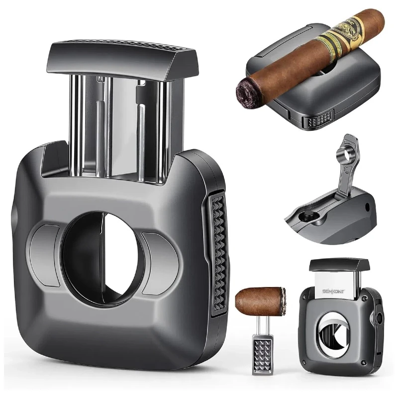 Cigar Cutter, Multifunctional Cigar Guillotine with Punch, Cigar Holder and Dual-Pin Ash Holder, Stainless Steel V Shaped Cutter