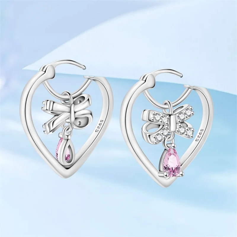 

925 Sterling Silver Bow Shaped Heart-shaped Hoop Earrings Sparkling Zircon Earrings For Women Fine Birthday Party Jewelry Gifts