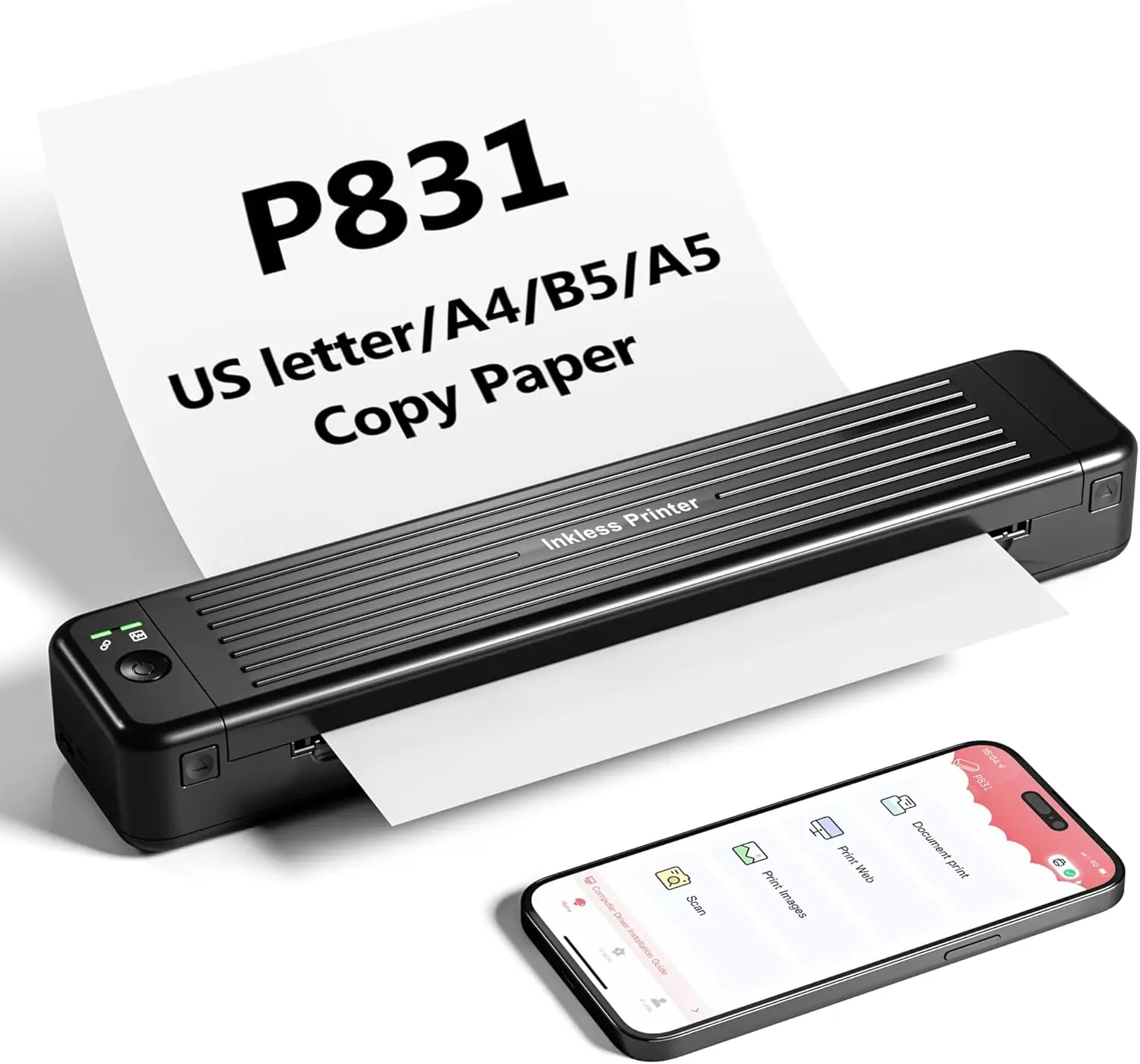 

Беспроводной портативный принтер P831, бесчернильный, 300 точек на дюйм, Bluetooth, для путешествий и офиса, совместимый с мобилью и ноутбуком, черный