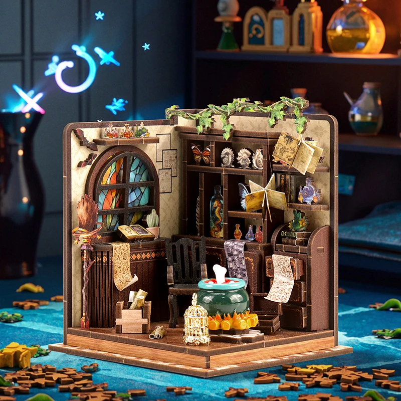 

DIY Curiosity Collection Book Nook a 3D Wooden Puzzle with Birdcage and Magic Cauldron a Retro Display
