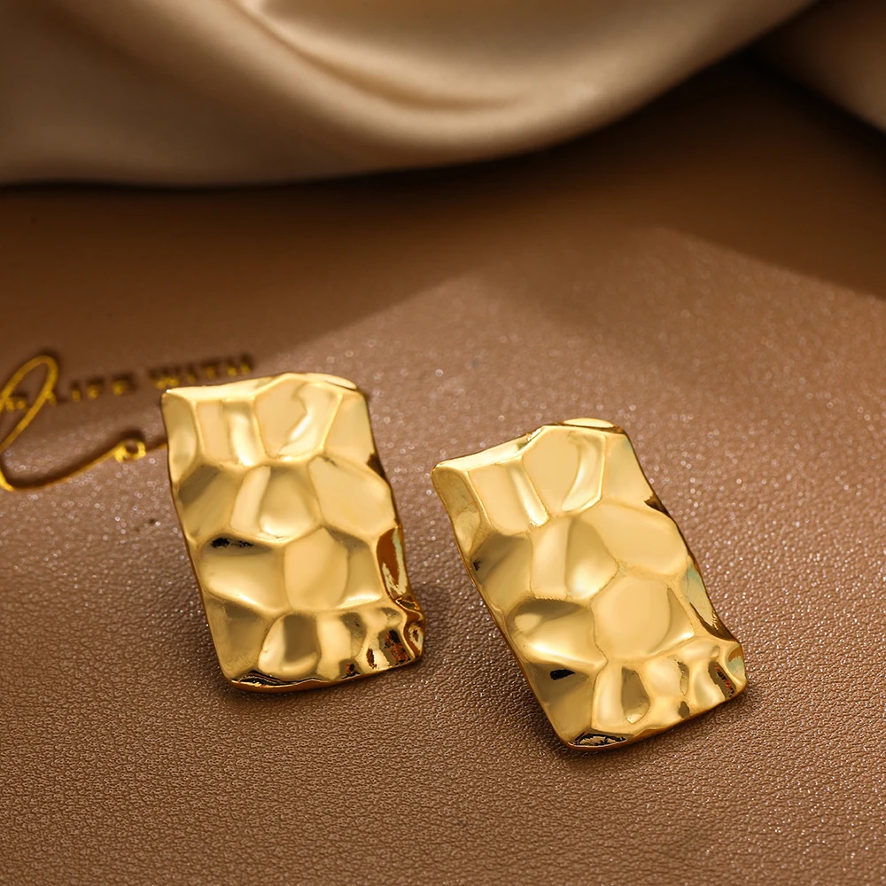 Vintage Stainless Steel Texture Hammered Geometric Drop Earrings for Women Gold Plated Rectangle Earrings Statement Jewelry image 3