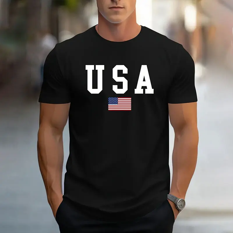 

2024 New Men's American Flag Print Short Sleeve T-Shirt Simple Solid Color Crew Neck Jumper Short Sleeve Summer Comfort Top