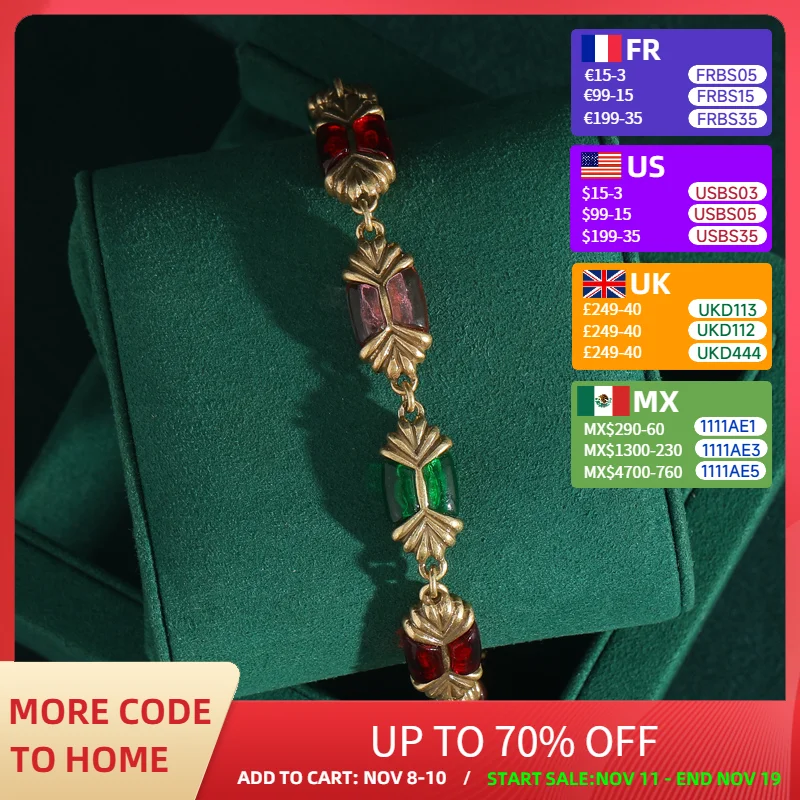 

Vintage Jewelry Enamel Pink Bracelet Beads Woman Green Tricolor Beans Gold Color Luxury Accessories Antique Valentine Day Gift