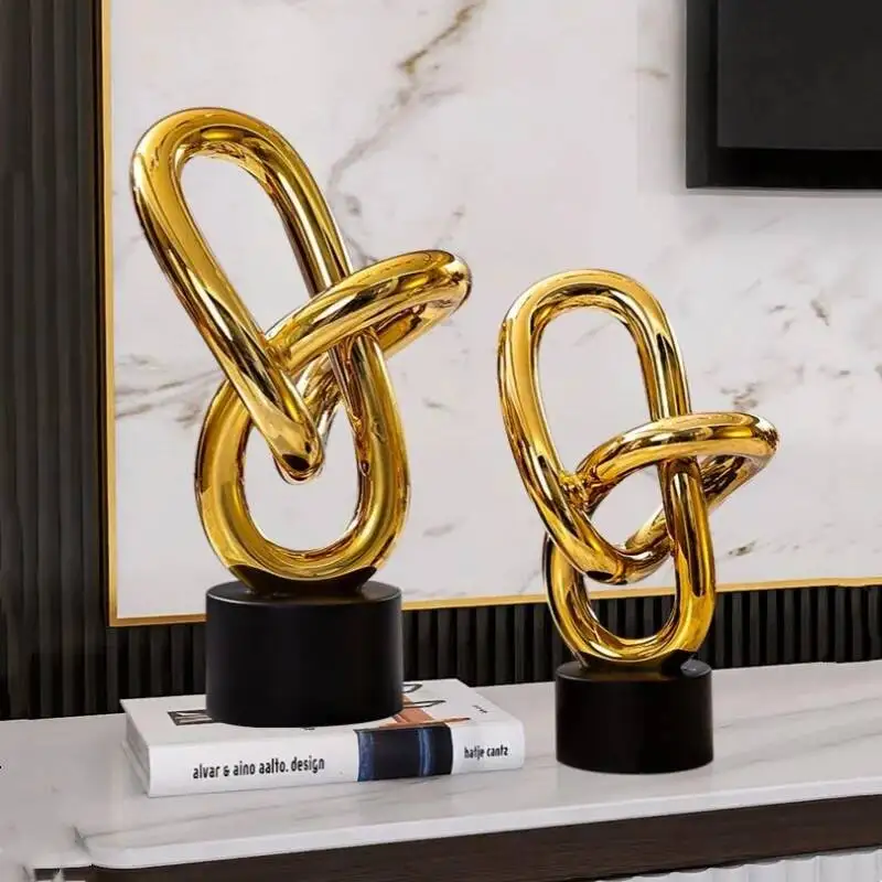 Resin Crafts Golden Rings Chains Geometrically Wound Sculpture Hollow Decorative Figurines Home Decoration Accessories