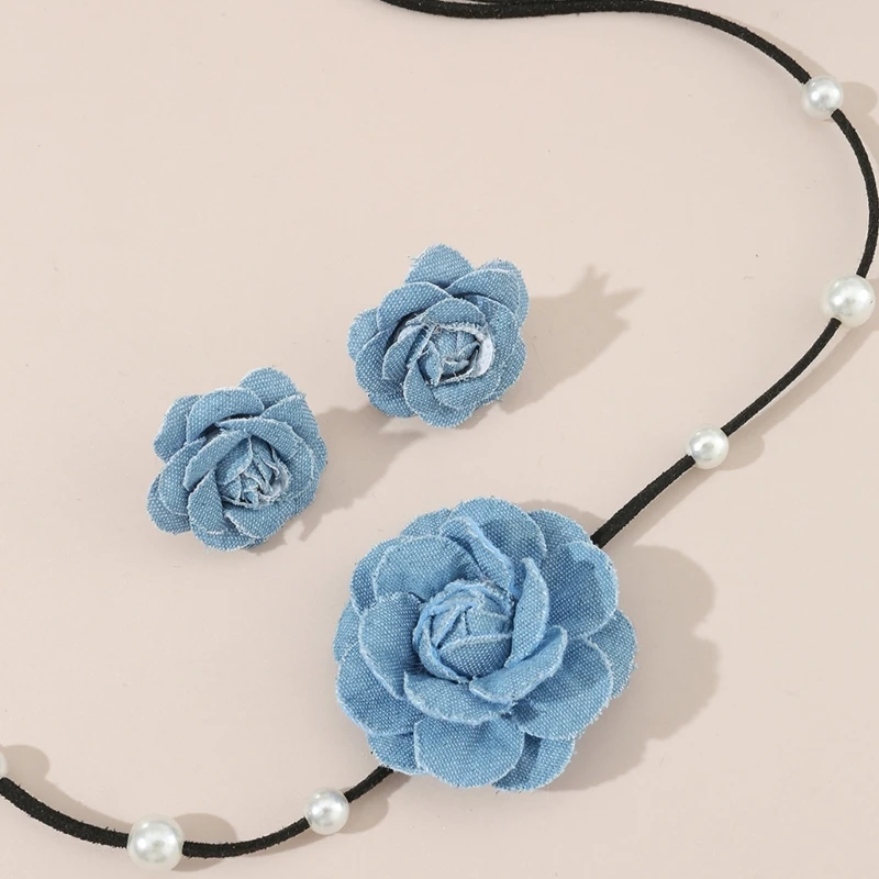 Retro Flower Collarbone Chain Necklace Earrings Set Lace-Up Rope Flower Necklace