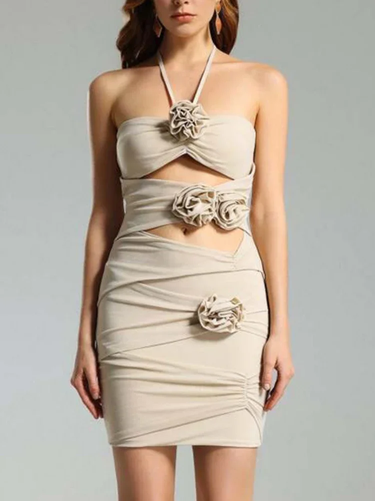 

Sexy Strapless Stereo Flowers Bandage Dress Women Beige Mini Bodycon Floral Design Hollow Out Evening Dress with Necklace