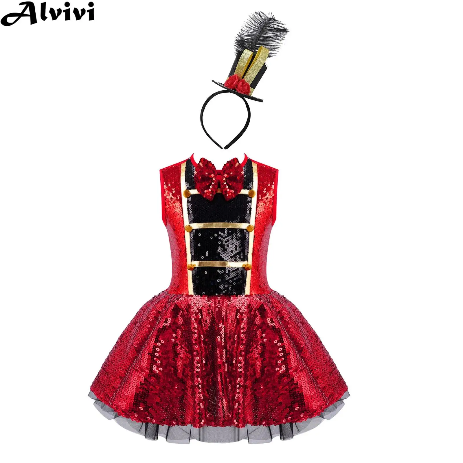 Teen Girls Shiny Sequin Latin Dance Rumba Samba body Dress Halloween Carnival Circus Ringmaster Costume Cosplay Performance