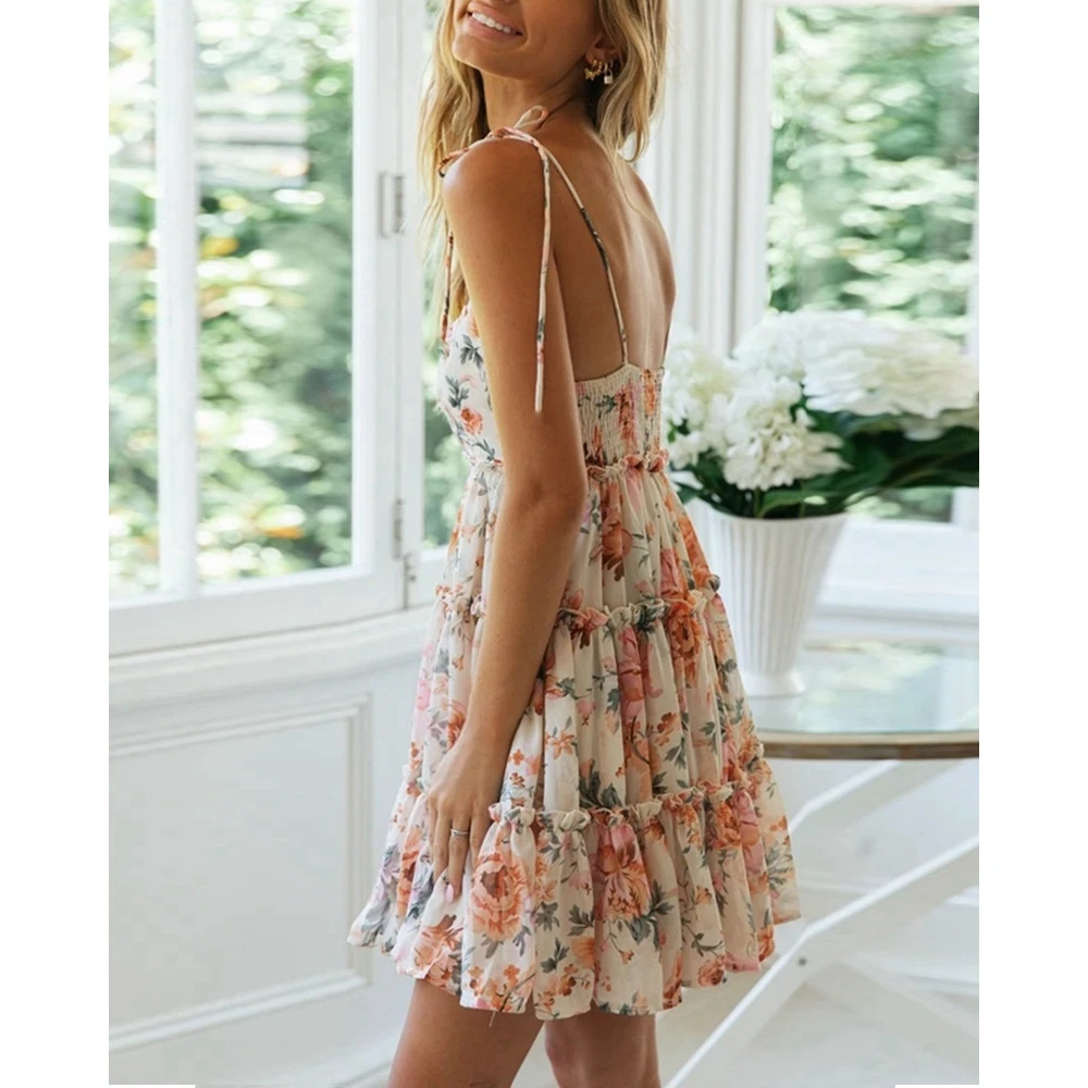 

Floral Print Ruffle Hem Shirred Backless Women Dress Female Square Neck Tied Detail Spaghetti Strap Mini Sexy Dress For Vacation