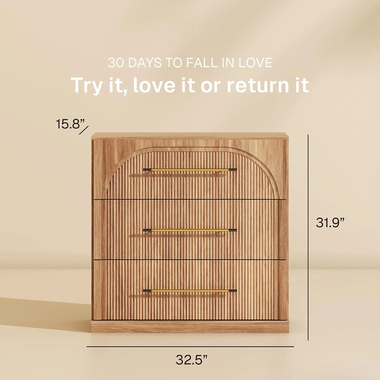 Fluted Modular Sideboard Cabinet, Classic Modern Buffet Credenza Storage Organizer, Living Room Kitchen Entryway Accent Display Console, Three Smooth Drawers, Camel, One Piece