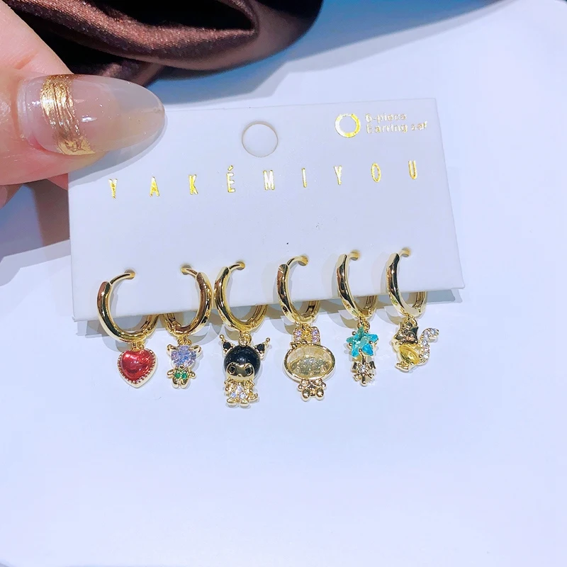 MIGGA 6pcs Multicolor Cubic Zircon Cartoon Dangle Earrings Set Gold Color Plated Women Party Jewelry