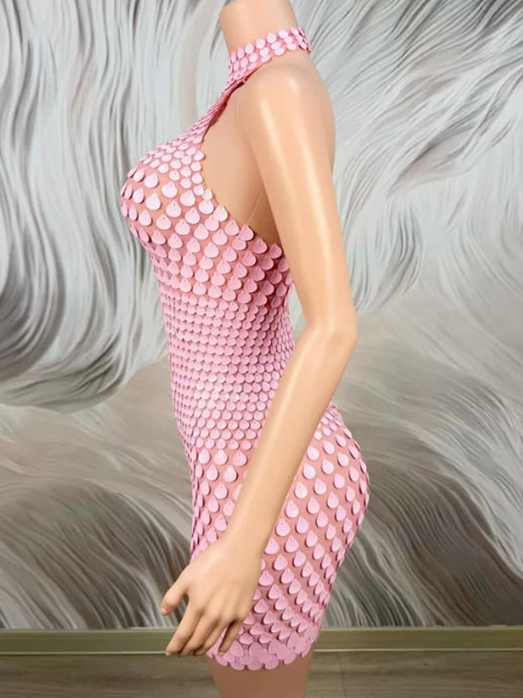 Sexy Neck Hanging Elastic Dress 2026 New Fashionable Custom Women'S Clothing High Quality Pink Shell Sequin