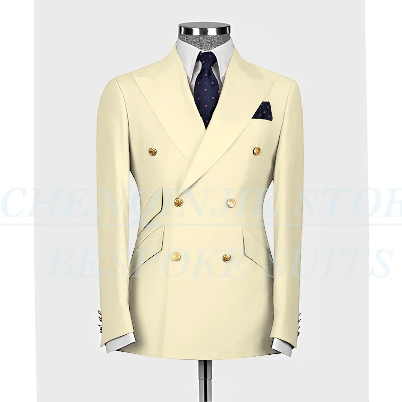 Elegant Men Suits Double Breasted Peak Lapel Male Clothing Luxury Wedding Groom 2 Piece Jacket Pants Sets Full Set Terno