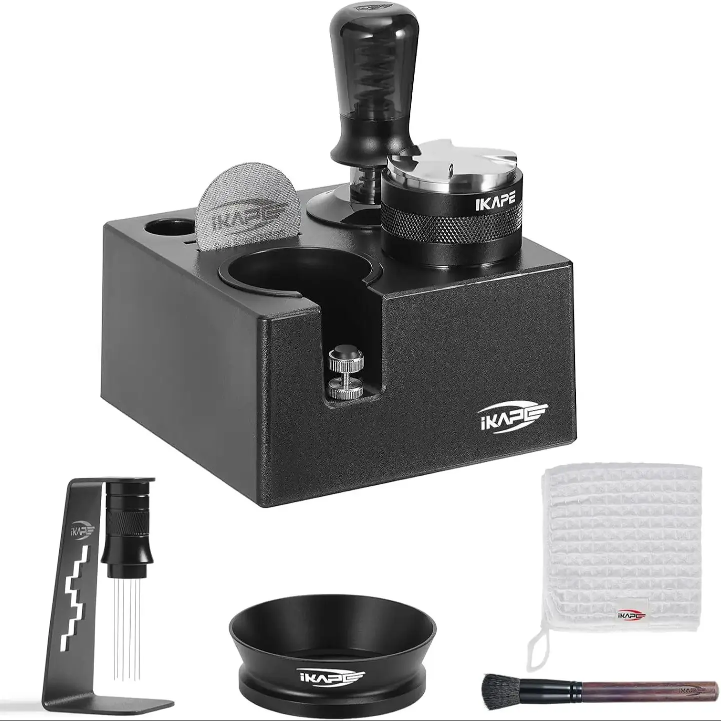 IKAPE Ensemble d'outils à expresso 8 en 1 Noir 51MM/53.3MM/58.35MM, Tasseur à café, Distributeur, Entonnoir magnétique, Tamper screen, Station de tassage
