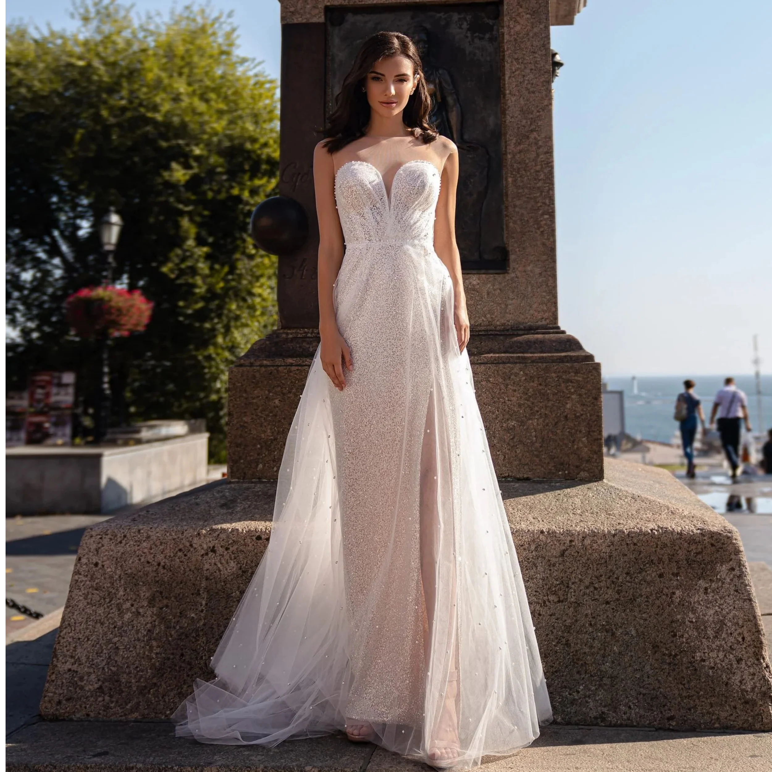 

White Mermaid Wedding Dresses for Women Sweetheart Beading High Slit Bridal Gowns Modest Sleeveless Robes de Soriee Customized