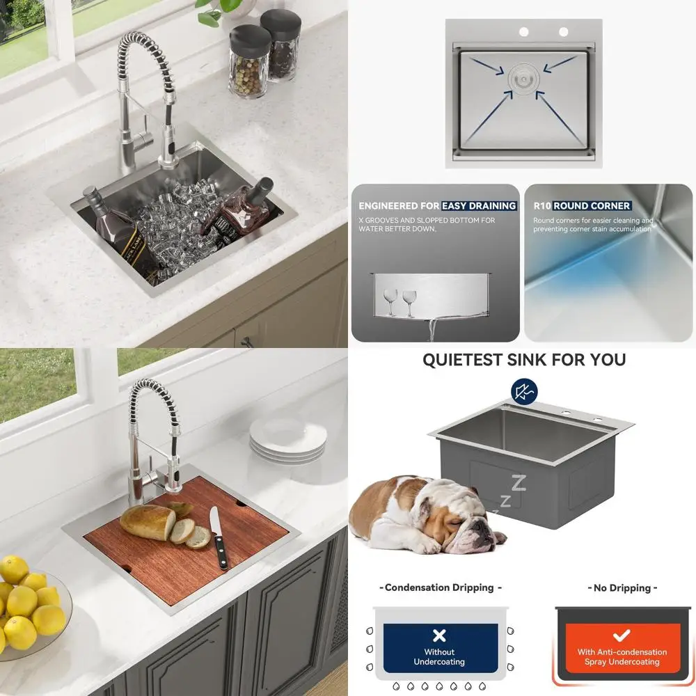 

21x20x10 Inch Drop in Bar Kitchen T304 16 Gauge StainlSteel Single Bowl Workstation Topmount Over Counter or Wet Bar Prep Small