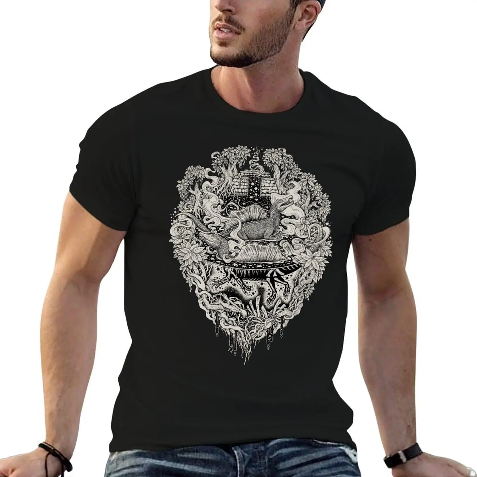 Sunken Temple of the Spinosaurus || Monochrome || Dinosaur Science Fiction Art T-Shirt