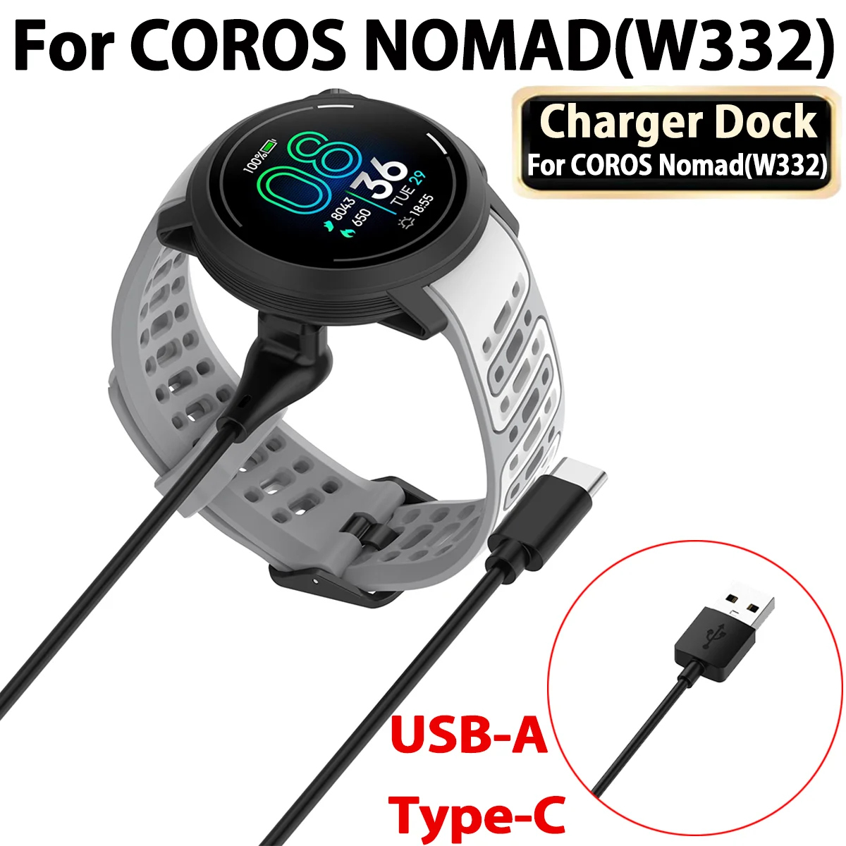 

For COROS NOMAD Smart Watch Dock Charger Adapter USB Charging Cable Power Wire (100CM) for coros pace pro Adapter Type-C Charger