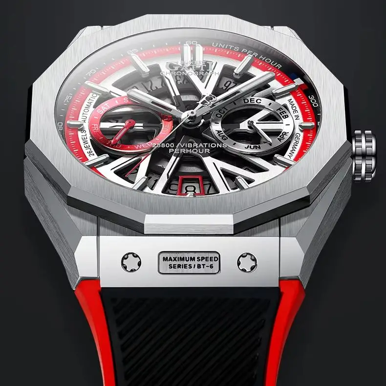 

BONEST GATTI Мужские автоматические часы Винтаж 42,5 мм Механические наручные часы Скелет Водонепроницаемые сапфировые светящиеся часы с датой недели