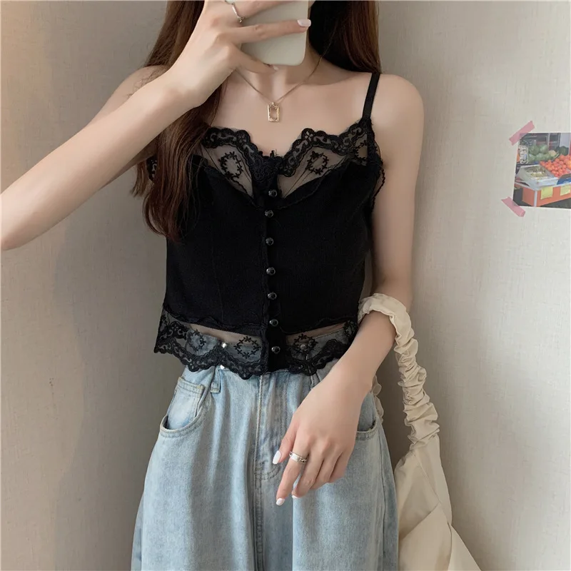 Women's Lace Lace Sleeveless Top, French-Style Stitching Short Knitted Bottoming Vest