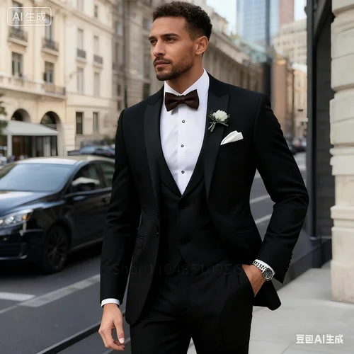 Imagen 1 del producto Esmoquin de 3 piezas con solapa de pico marrón para hombre, ropa Formal de un solo pecho a la moda para hombre, esmoquin informal inteligente para boda