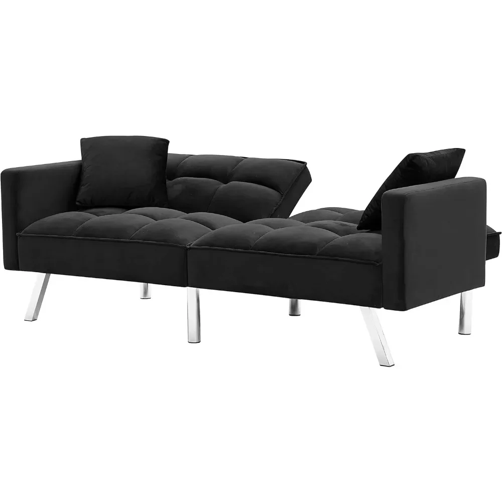 Směnitelný samet futon pohovka postel, moderní gauč lůžkový vůz pohovka s 2 polštáře, 3 nastavitelný angles opěradlo, moderní loveseat