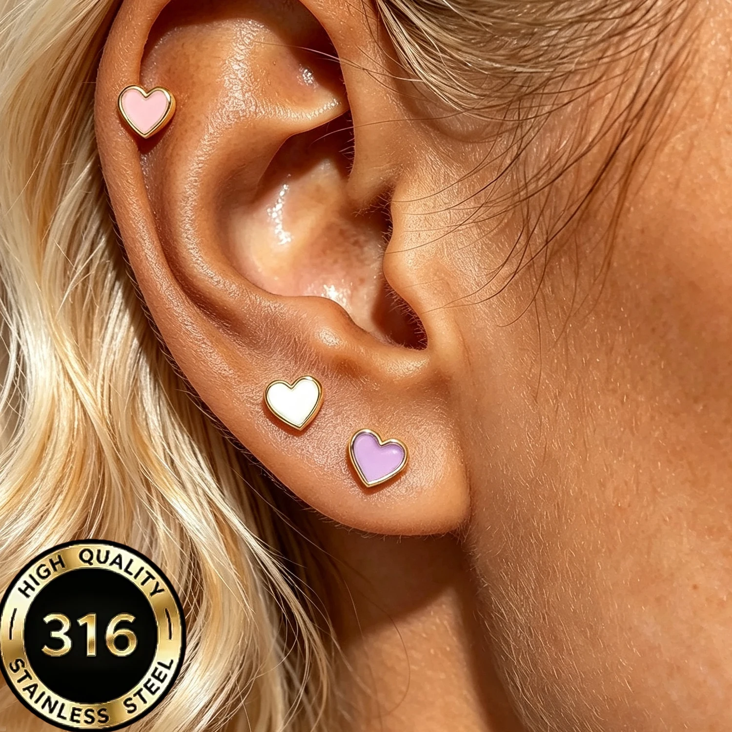 3Pairs Mini Geometric Stud Earrings Women 316 Stainless Steel Hypoallergenic Heart Moon Star Round Square Tiny Daily Ear Jewelry