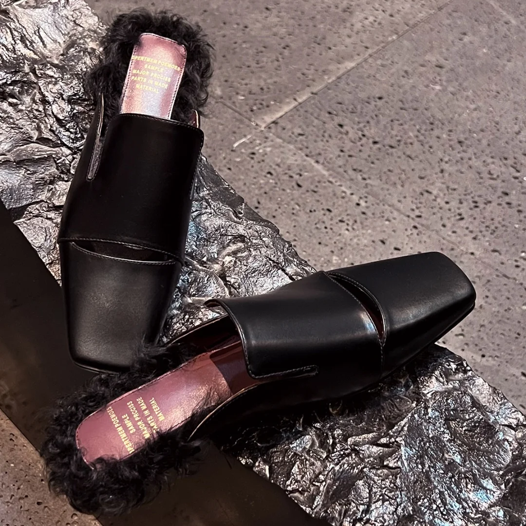 Women\'s cow leather square toe slip-on flats summer mules hollow-out casual female soft comfortable slides sandals shoes woman