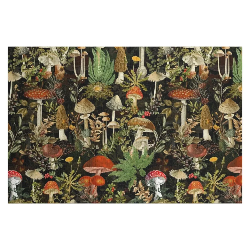 

Vintage Midnight Mushrooms Forest Botanical Night Garden Pattern - Black Colorful Jigsaw Puzzle Custom Child Custom Photo Puzzle