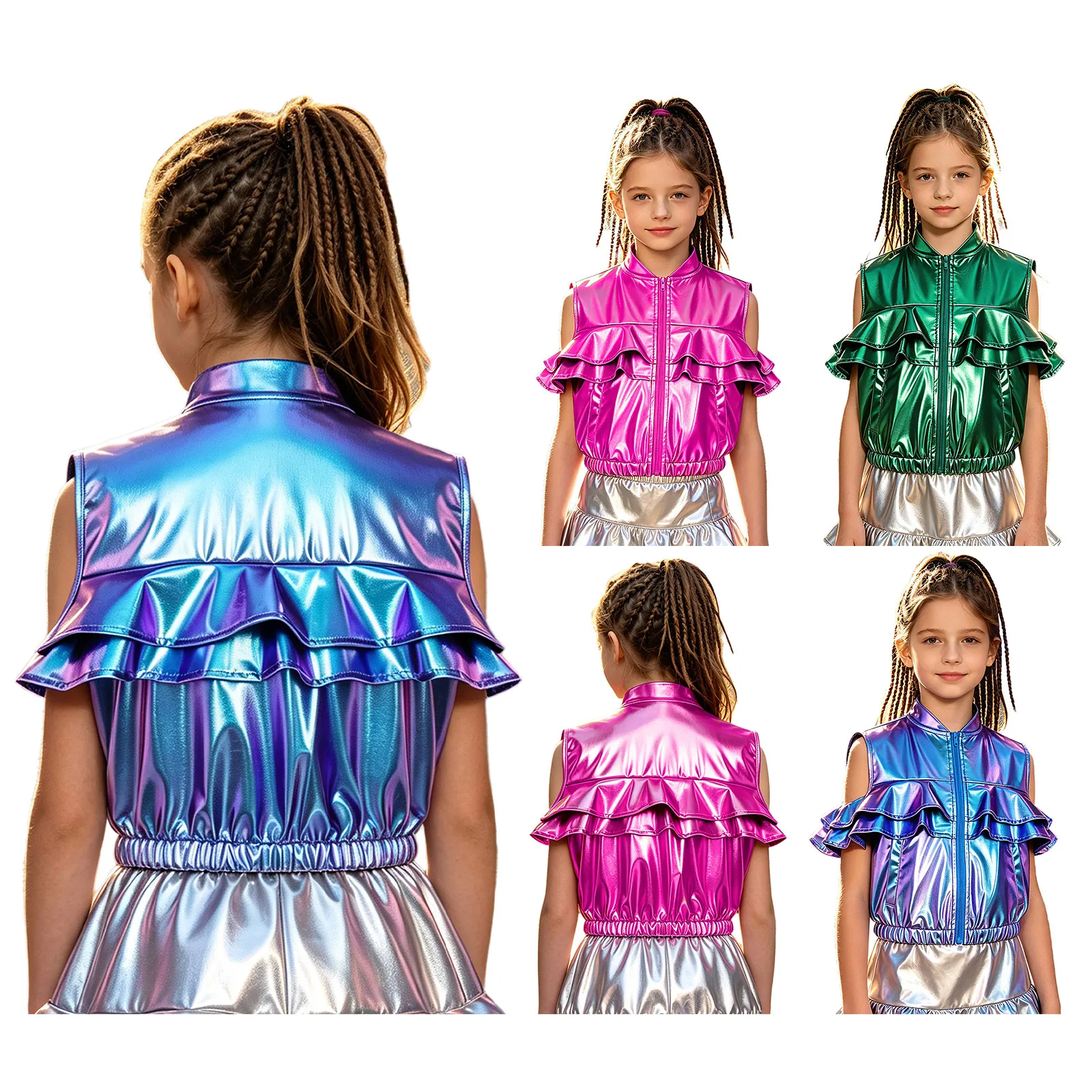 Girls Metallic Shiny Hip-hop Jazz Dance Vest Waistcoat Elastic Hem Sleeveless Zipper Jacket with Pockets Performance Streetwear
