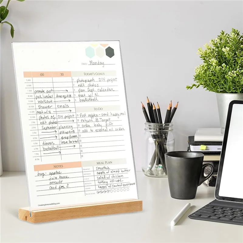 

AT14 4 Pack Acrylic Sign Holder Set 8.5X11 Inches, L/T Shape Clear Acrylic Frames Wood Base, For Office