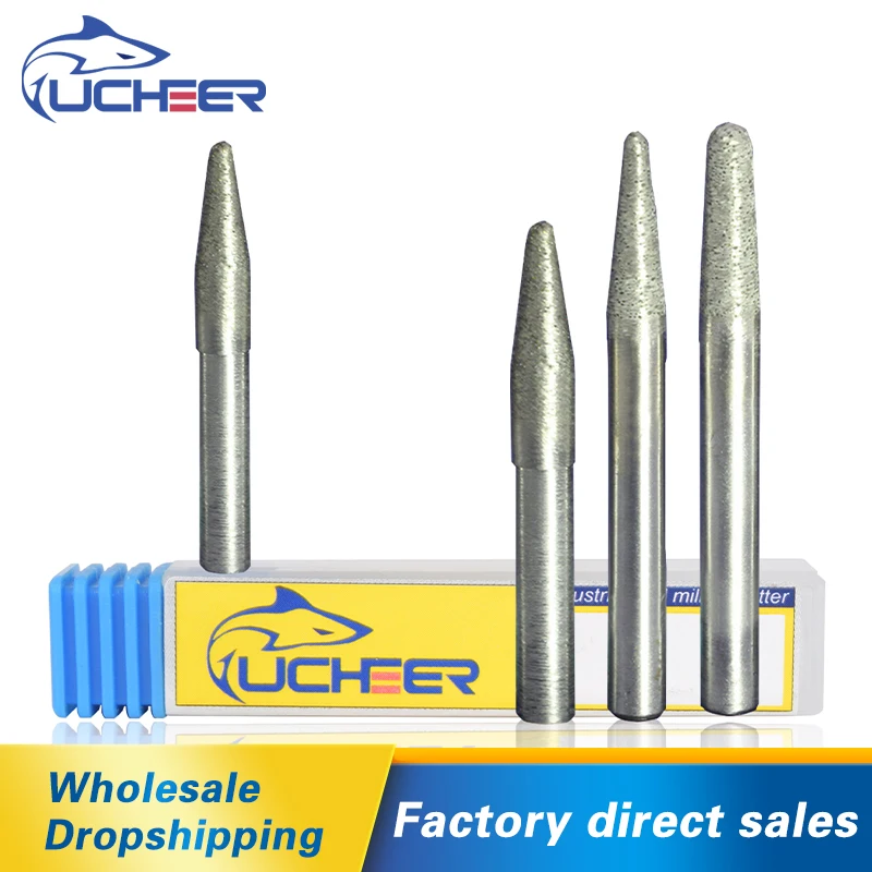 UCHEER 1pcs Sintered Tapered Stone Engraving Bits Milling Cutter Carving Tools Round Ball Router Bits End mill CNC Tools