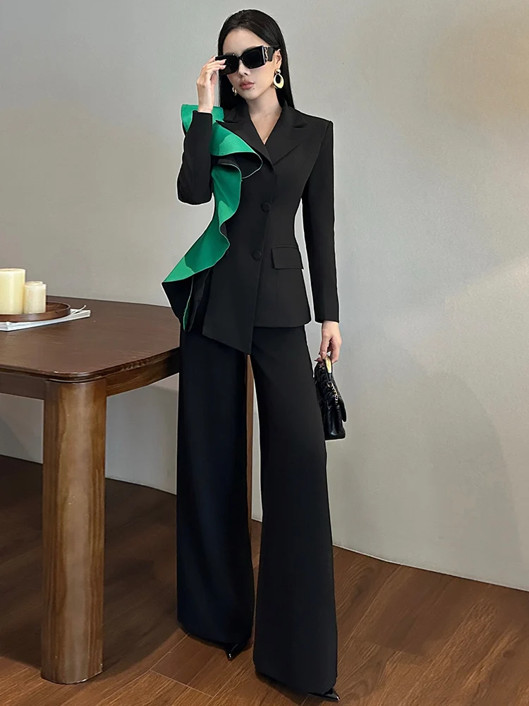 

Faionable Color Blo Long Sve High Waist Wide Leg Pants Suit Ele Set for Women Autumn Winter High Quali Ladies En...