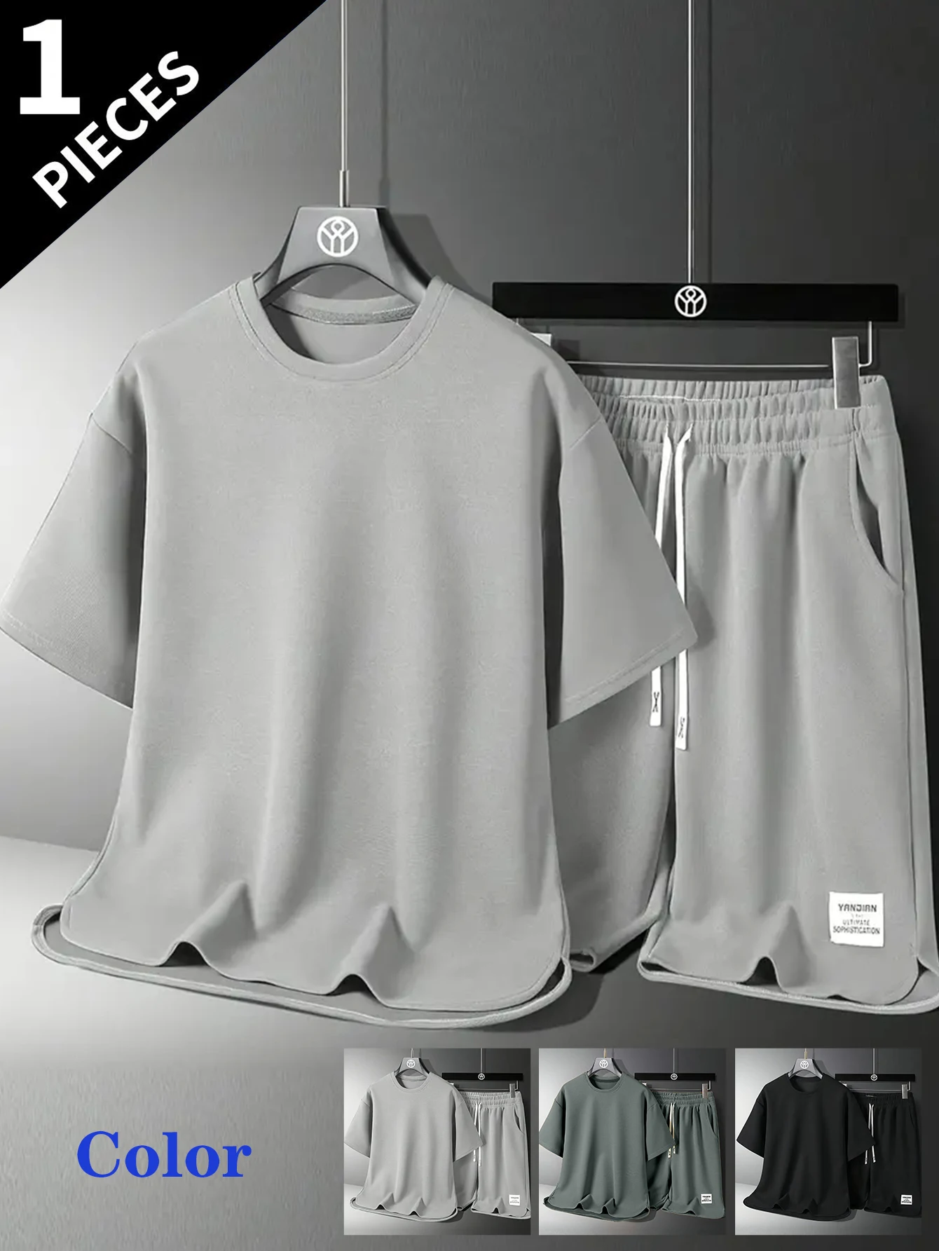 

2-piece men's summer casual suit, round neck short-sleeved casual T-shirt and letters and zipper drawstring waist shorts set, 10