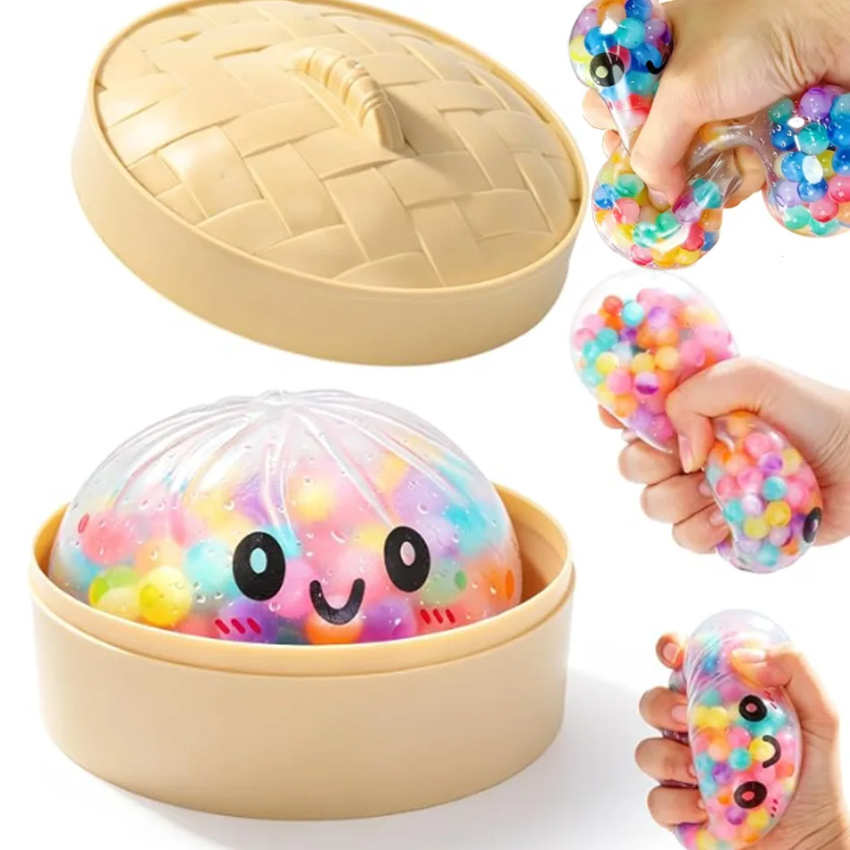 Regenbogen-Dumpling Squishy mit Perlen Sensorisches Quetschspielzeug zur Stresslinderung mit Bambus-Dampfgarer Lustiges Geschenk