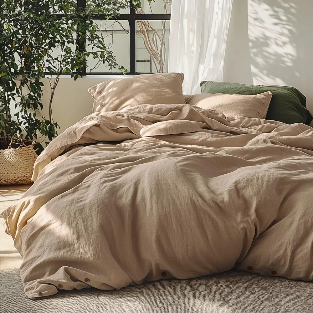 

Cotton Blend Queen Duvet Cover Set - Brown Linen Bedding, 3-Piece with 90x90 Inches Cover