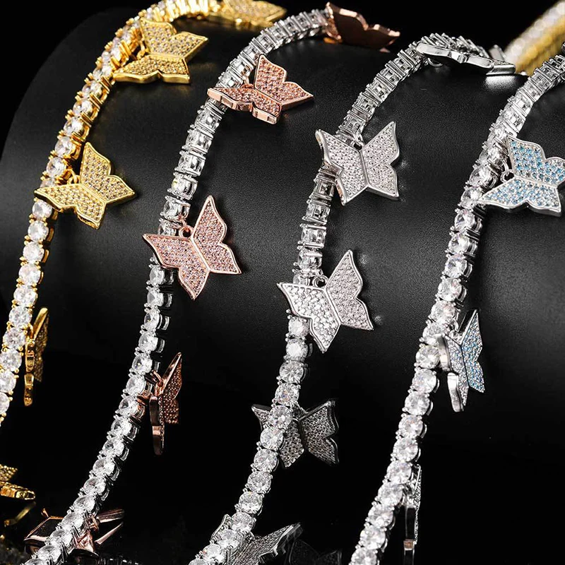 4mm Hip Hop 3A+ CZ Stone Paved Bling Iced Out Butterflys Tennis Link Chain Chokers Necklaces for Men Women Unisex Rapper Jewelry