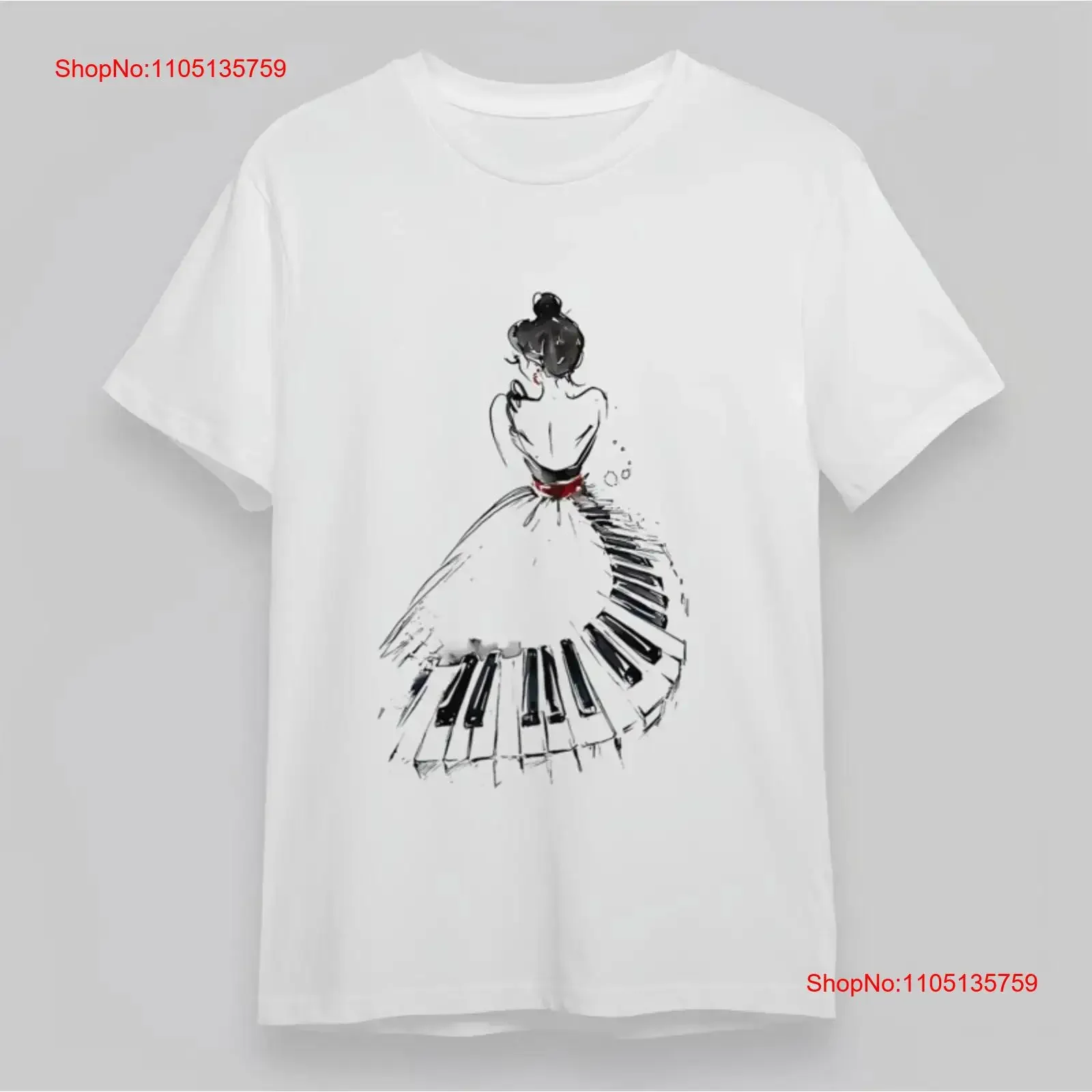 تي شيرت نسائي كلاسيكي مريح بشريط أحمر فستان بيانو عرض خلفي فني WhiteTops عتيق مغسول للارتداء اليومي قليلاً #1
