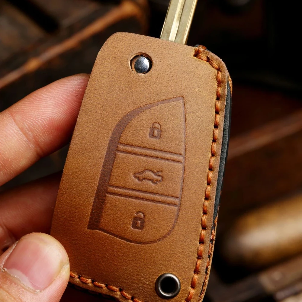 For Toyota Flip Key Cover: Full Grain Leather Case w/Metal Ring - Anti-Scratch Protector for Camry/Prado/Hilux/RAV4 (2015+)
