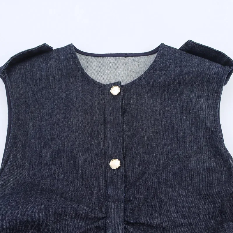 

Women's Vintage Denim Dress, O-Neck, Single Breasted Belt, Sleeveless Straight Vestidos, Chic Fashion, Summer, 2020