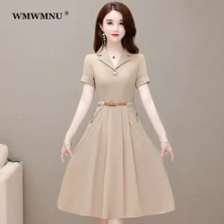 Office Lady Elegant Notched Collar Pleated Dress Korean Fashion Short Sleeve A-line Midi Vestido Belt Summer Casual Slim Dresses