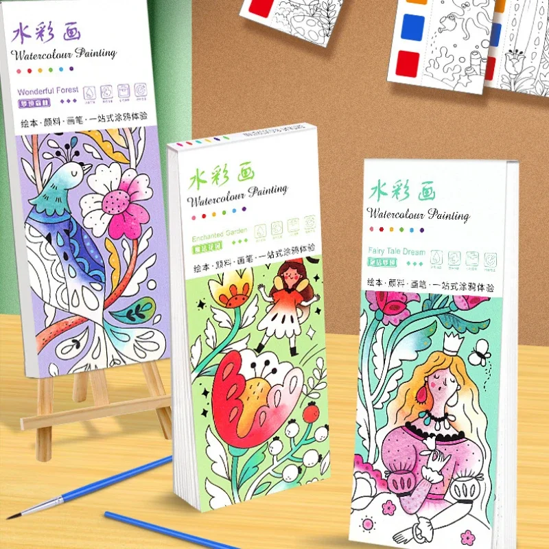 Portable Watercolor Painting Book 12 Sheets Coloring Book With Paint Brush Gouache Book Kids Graffiti Picture Drawing Stationery